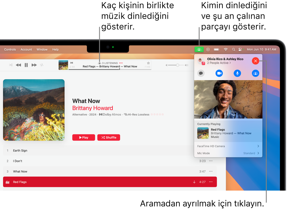 SharePlay kullanılırken bir parçanın çalındığını gösteren Apple Music penceresi. Çalma penceresi, kaç kişinin birlikte müzik dinlediğini gösteriyor. Sağ tarafta SharePlay simgesine tıklandığında kimlerin dinlediğini ve o anda çalan parçayı görebilirsiniz. Sağda, Kapat düğmesini tıklayabilirsiniz.