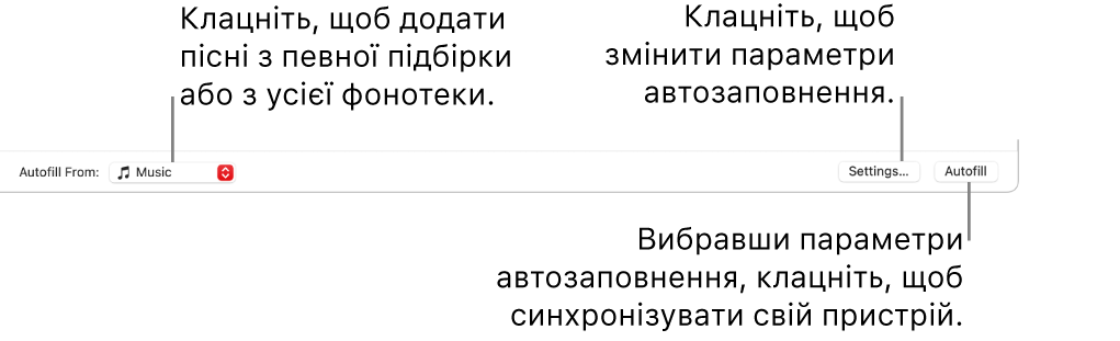 Опції «Автозаповнення» в нижній частині вікна «Музика». На лівому краї розташовано спливне меню «Заповнювати з», у якому можна вибрати місце, звідки додаватимуться пісні: з підбірки чи медіатеки. З правого краю розташовано дві кнопки — «Параметри», яка дає змогу змінити опції функції автозаповнення, і власне кнопка «Автозаповнення». Якщо клацнути «Автозаповнення», на пристрої буде відображено пісні, які відповідають критеріям.