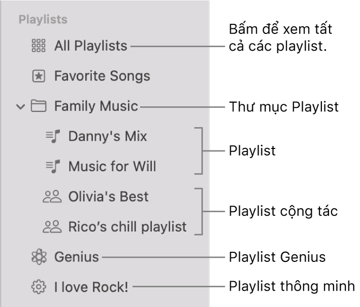 Thanh bên Nhạc đang hiển thị các loại playlist khác nhau: Bài hát ưa thích, Genius, Thông minh và các playlist. Bấm vào Tất cả playlist để xem tất cả chúng.