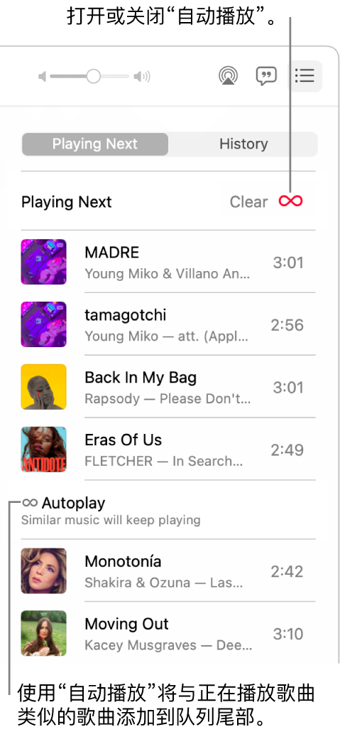 “待播清单”队列。点按“自动播放”按钮以将其打开或关闭。“自动播放”打开时，类似的歌曲会添加到队列末尾。