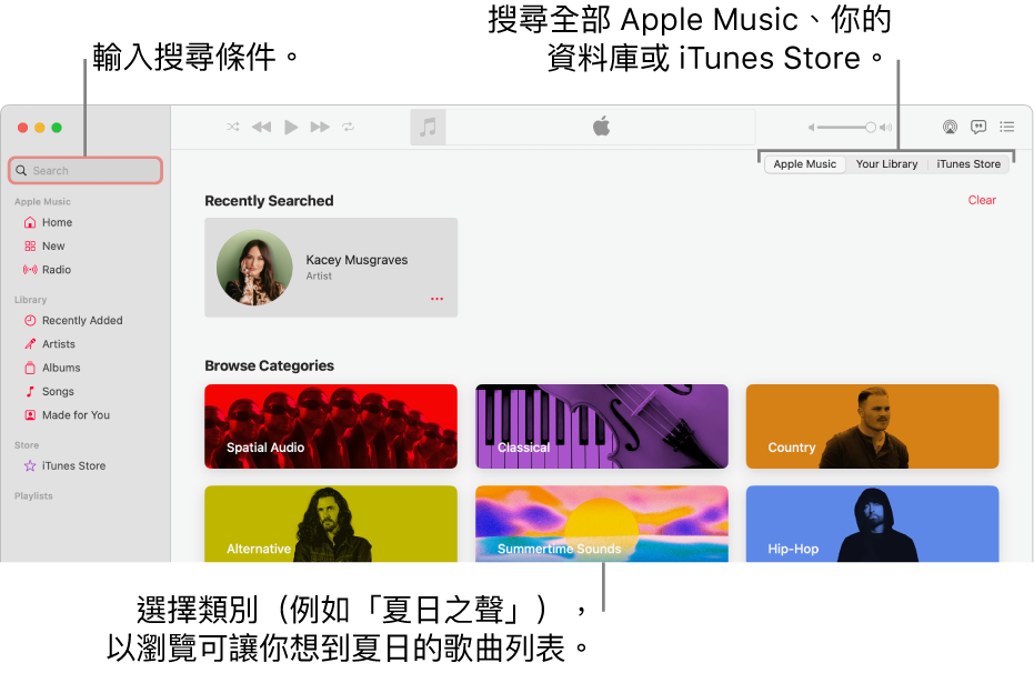 Apple Music 視窗的左上角顯示搜尋欄位，類別列表位於視窗的中間，而 Apple Music、「你的資料庫」和 iTunes Store 則可在右上角取用。 在搜尋欄位中輸入搜尋條件，然後選擇來在整個 Apple Music、只在你的資料庫或在 iTunes Store 中搜尋。