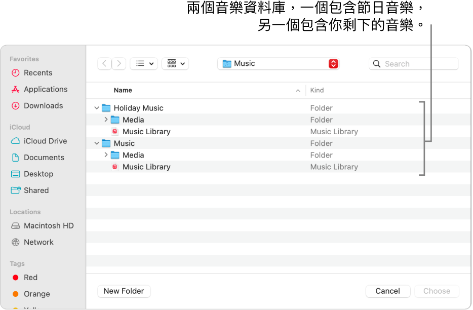 Finder 視窗顯示多個資料庫，一個包含節慶音樂、另一個包含你其餘的音樂。