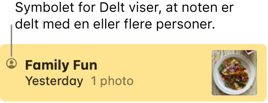 En note, der er blevet delt med andre, med symbolet for Delt til venstre for notens navn.