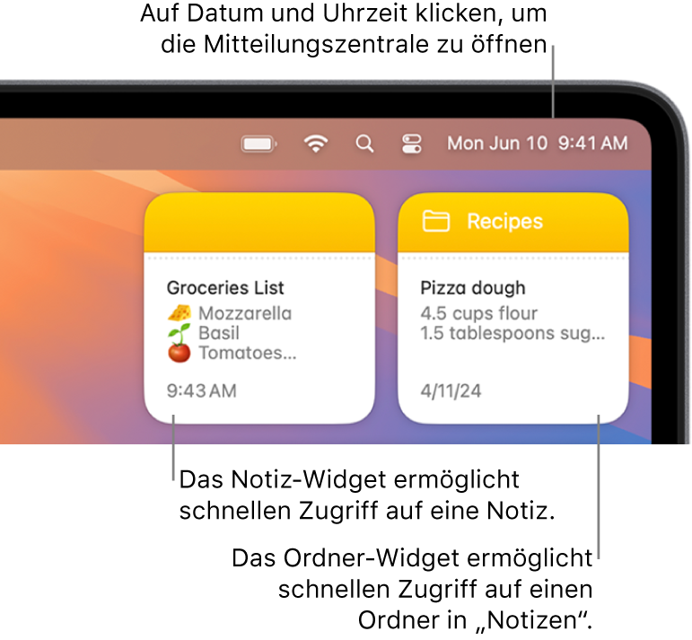 Zwei „Notizen“-Widgets. Das Widget „Ordner“ zeigt einen Ordner in der App „Notizen“ und das Widget „Notizen“ zeigt eine Notiz. Klicke in der Menüleiste auf Datum und Uhrzeit, um die Mitteilungszentrale zu öffnen.