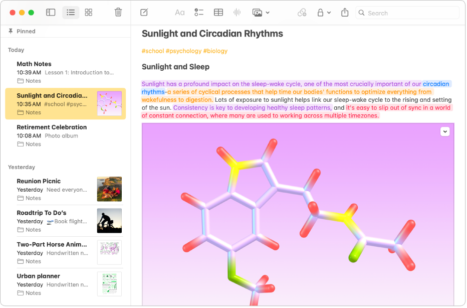 A Notes app window on Mac showing different coloured highlights. For example, a blue highlight shows a keyword and an orange highlight shows the definition.