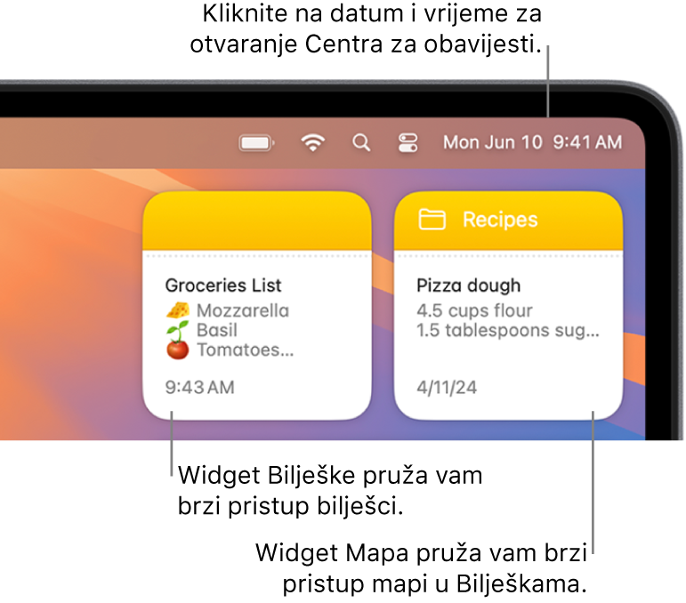 Dva widgeta za Bilješke – widget Mapa prikazuje mapu u Bilješkama, a widget Bilješka prikazuje bilješku. Kliknite na datum i vrijeme na traci s izbornicima za otvaranje Centra za obavijesti.