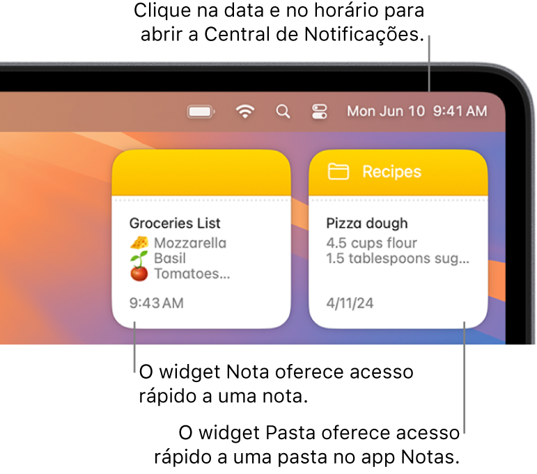 Dois widgets do app Notas: o widget Pasta mostra uma pasta no app Notas e o widget Nota mostra uma nota. Clique na data e hora na barra de menus para abrir a Central de Notificações.