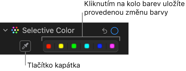 Ovládací prvky Selektivní barva na panelu Úpravy s tlačítkem Kapátko a koly barev