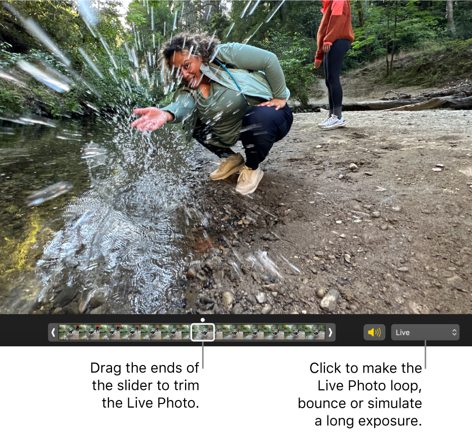 A Live Photo in editing view with a slider beneath it showing the frames of the photo. To the right of the slider are the Speaker button and a pop-up menu you can use to add a loop, bounce or long exposure effect.