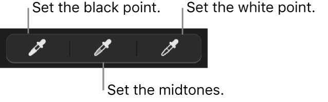 Three eyedroppers used to set the black point, midtones, and white point of the photo or video.