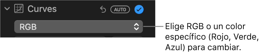 Los controles de Curvas en el panel Ajustar, que muestra RGB seleccionado en el menú desplegable.