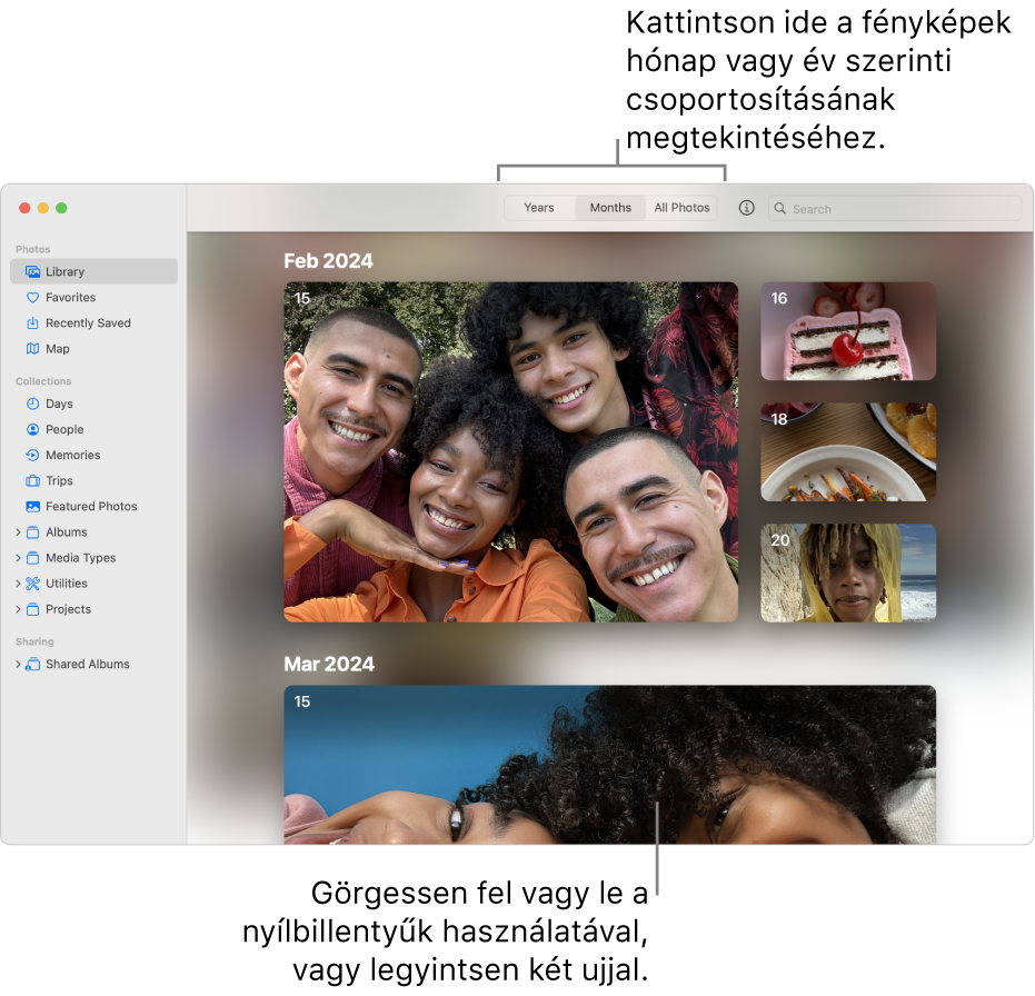 A Fotók ablaka; az eszközsoron a Hónapok van kijelölve, és az ablak fő területén megjelenő fotók dátum szerint vannak rendezve.