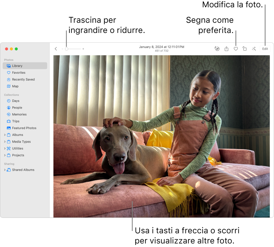 La finestra di Foto mostra una foto ingrandita sulla destra. La barra strumenti nella parte superiore include il cursore Zoom, il pulsante Preferito e il pulsante Modifica.