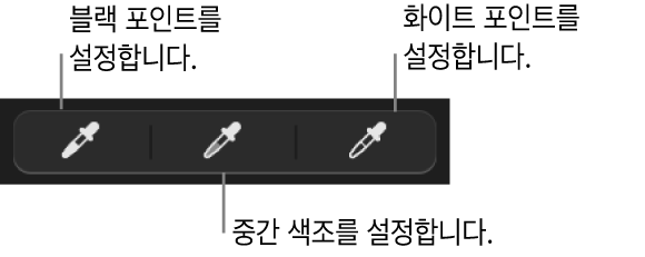 사진 또는 비디오의 블랙 포인트, 중간 색조, 화이트 포인트를 설정하는 데 사용된 3개의 스포이드.