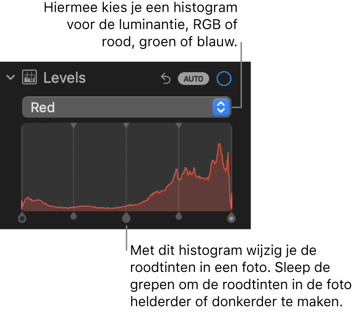 De niveauregelaars in het paneel 'Pas aan', met het histogram 'Rood' met daaronder grepen waarmee je de roodniveaus van de foto aanpast.