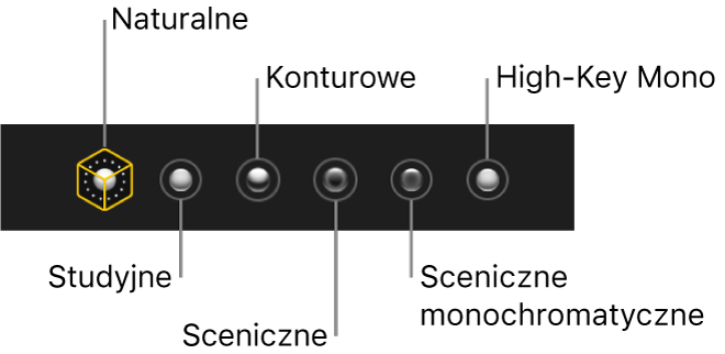 Efekty oświetlenia zdjęcia w trybie portretowym, od lewej do prawej: Światło naturalne, Światło studyjne, Światło konturowe, Światło sceniczne, Światło sceniczne (mono) oraz Światło high key (mono).