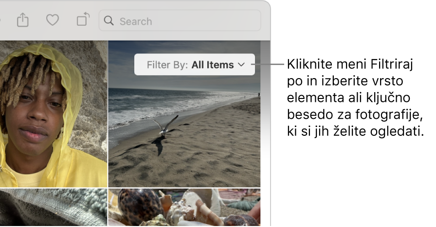 Pojavni meni Filtriraj po, nastavljen za prikaz vseh elementov.