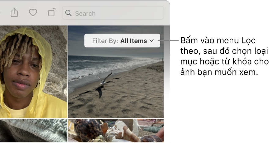Menu bật lên Lọc theo được đặt để hiển thị tất cả các mục.