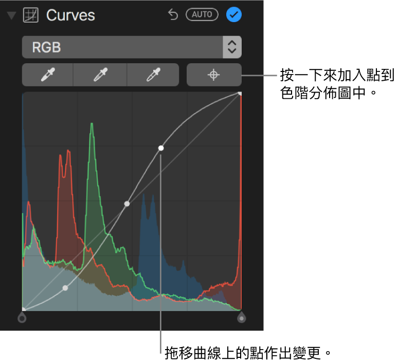 「調整」面板中的曲線控制項目，其右上方顯示「加入點」按鈕，下方則為 RGB 色階分佈圖。