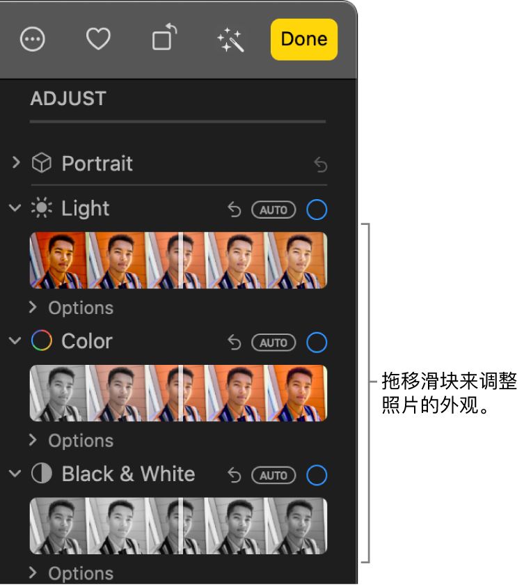“调整”面板中的“光效”、“颜色”和“黑白”滑块。“自动”按钮出现在每个滑块上方。