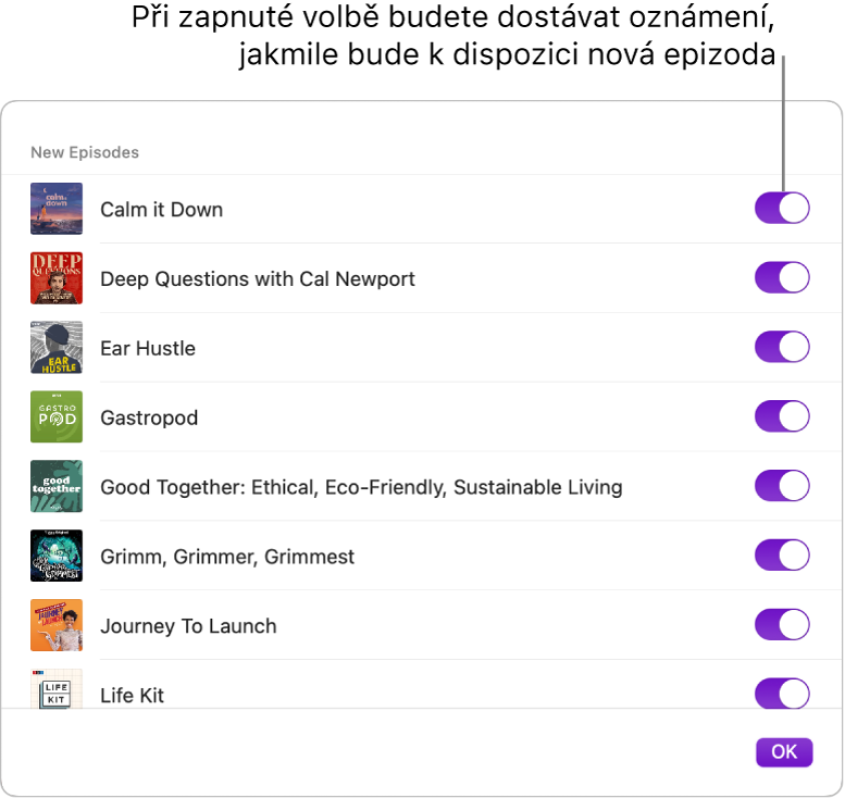 Volby Oznámení. Kliknete‑li na přepínač, budete dostávat oznámení o dostupnosti nových dílů