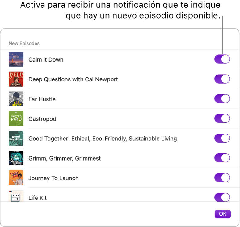 Las opciones de notificaciones. Haz clic en el interruptor para recibir una notificación cuando haya un nuevo episodio disponible.