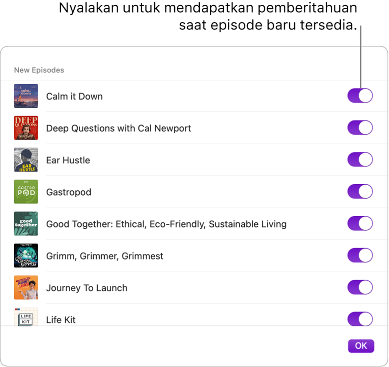 Pilihan Pemberitahuan. Klik pengalih untuk mendapatkan pemberitahuan saat episode baru tersedia.