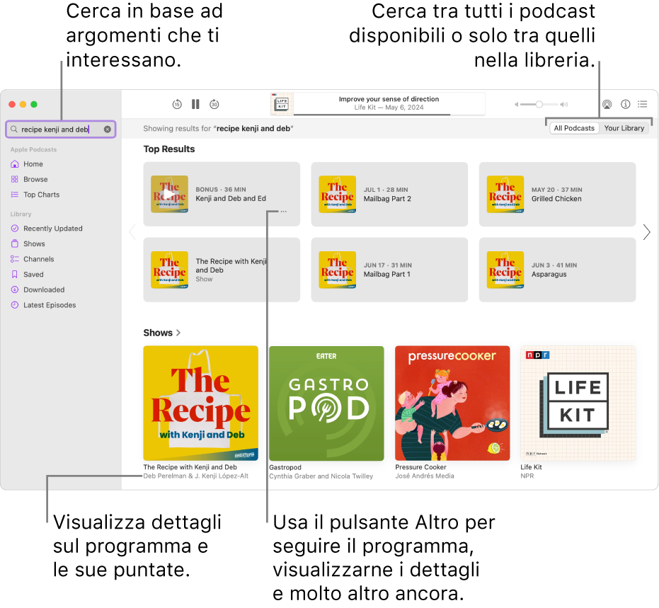 La finestra di Podcast con del testo nel campo di ricerca nell’angolo in alto a sinistra e le puntate e i programmi che corrispondono alla ricerca di tutti i podcast nella schermata a destra. Fai clic sul link sotto il programma per visualizzare i dettagli sul programma e le sue puntate. Usa il pulsante Altro del programma per seguirlo, modificarne le impostazioni e molto altro.