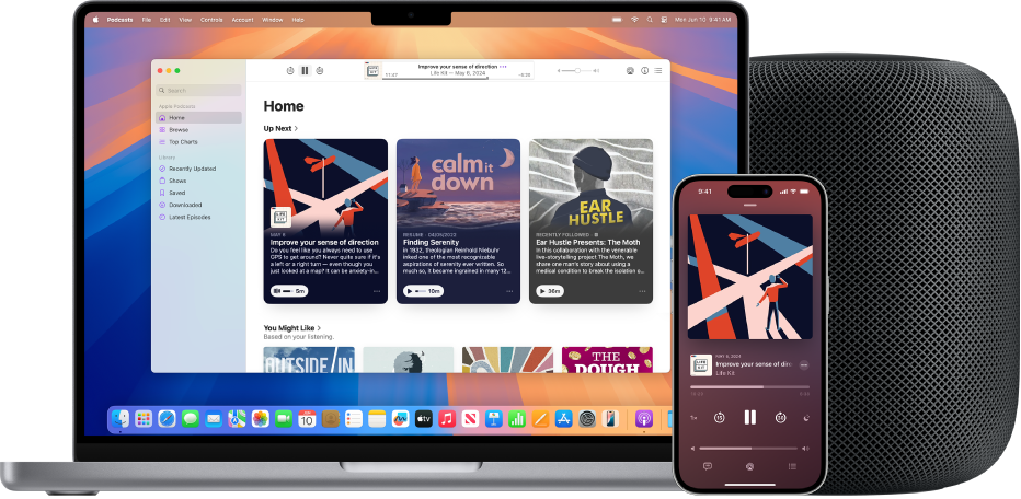 App Podcasts em um Mac e um iPhone, com um HomePod ao fundo.