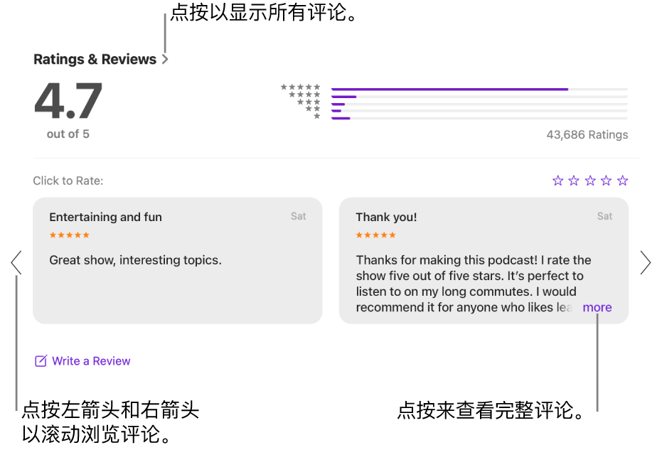 “播客”中节目的“评分及评论”部分。点按屏幕边缘的左箭头和右箭头以前后滚动。点按“更多”以查看完整评论。