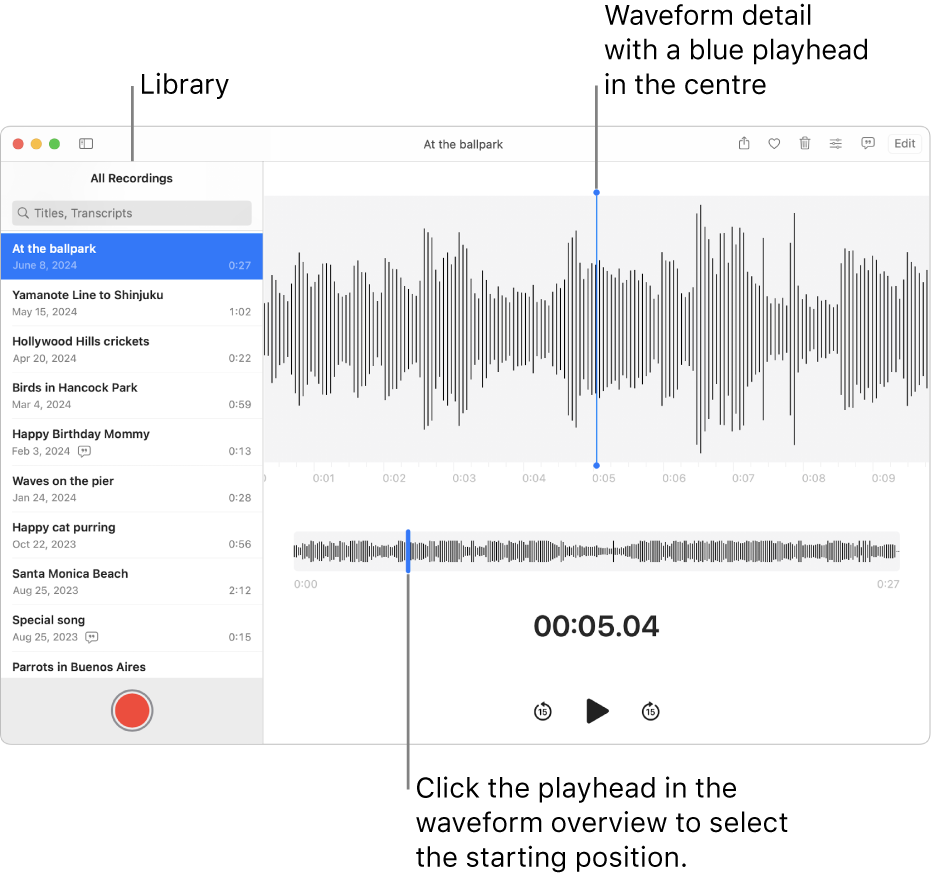 The Voice Memos app showing the recordings in the library on the left. The selected recording appears in the window to the right of the list, as a waveform detail with a blue playhead in the centre. Below the recording is the waveform overview.