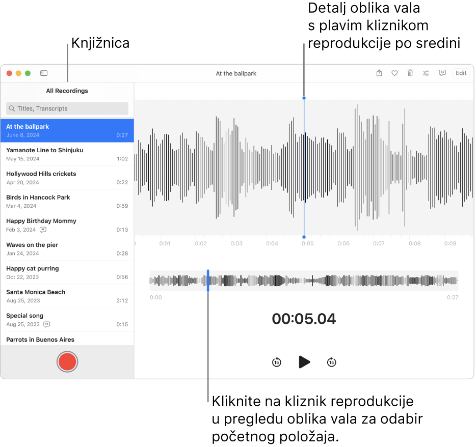 Aplikacija Diktafon s prikazom snimki u medijateci s lijeve strane. Odabrana snimka pojavljuje se u prozoru s desne strane popisa, kao detalj oblika vala s plavim kliznikom reprodukcije u sredini. Ispod snimke je pregled oblika vala.