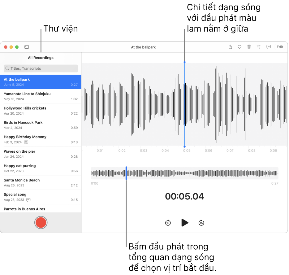 Ứng dụng Ghi âm đang hiển thị các bản ghi trong thư viện ở bên trái. Bản ghi được chọn sẽ xuất hiện trong cửa sổ ở bên trái của danh sách, dưới dạng chi tiết dạng sóng có đầu phát màu lam ở giữa. Bên dưới bản ghi là tổng quan về dạng sóng.