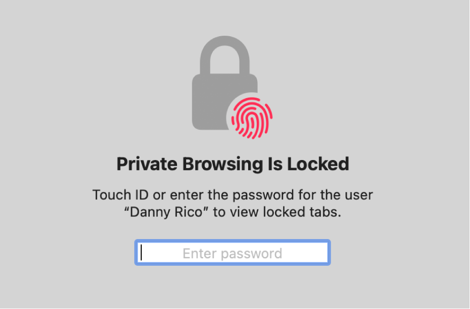 A window asking for Touch ID or your password to unlock Private Browsing windows.