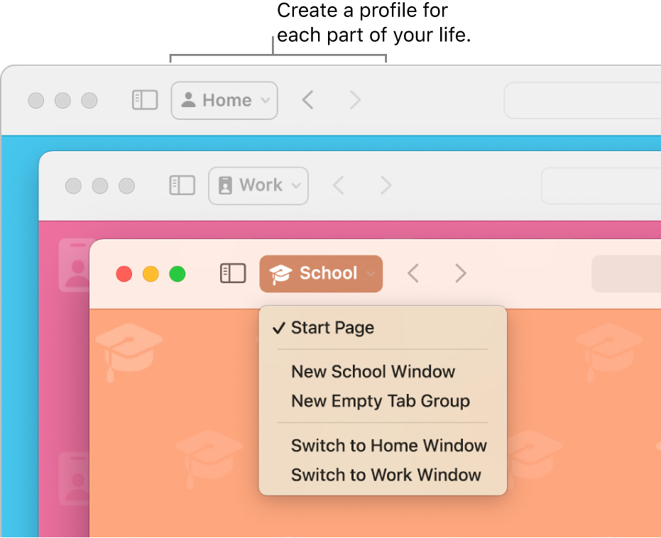 Three Safari profile windows: one for home, one for work and one for school.