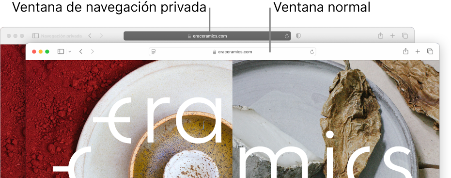 Una ventana privada de Safari con su campo de búsqueda inteligente obscuro y una ventana de Safari normal con su campo de búsqueda inteligente claro.