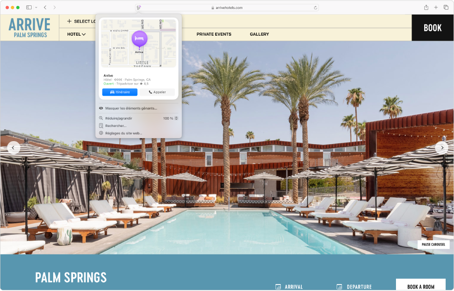 L’app Safari affichant des informations importantes sur une destination dans un hôtel à Palm Spring; avec un plan, des boutons pour appeler l’hôtel et obtenir l’itinéraire et un lien pour réserver.