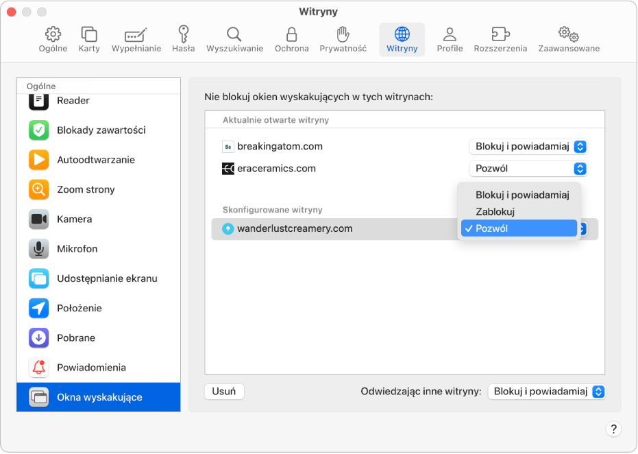 Opcja Okna wyskakujące w ustawieniach Safari wraz z wybraną opcją Pozwól dla skonfigurowanej witryny.