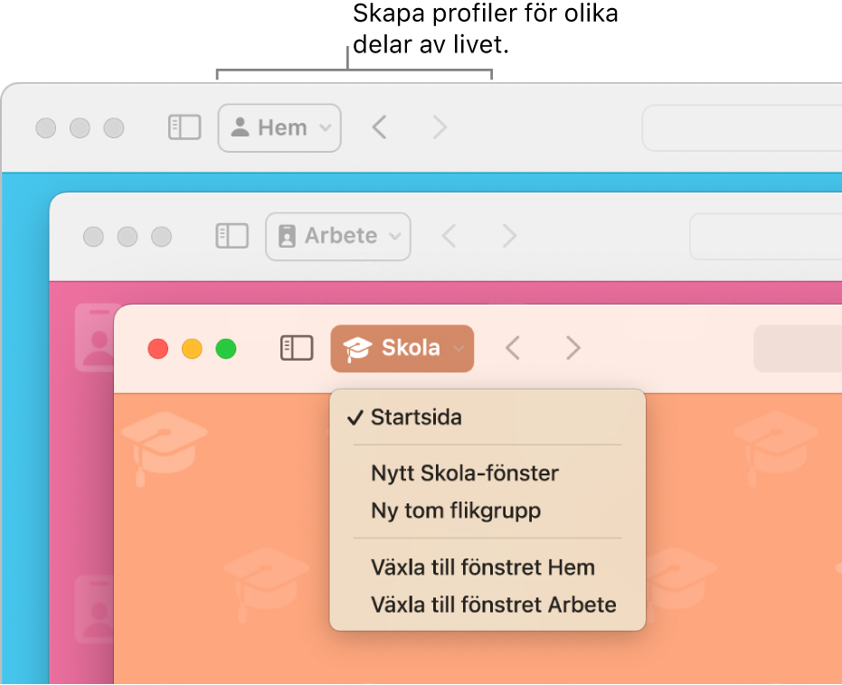 Tre Safari-profilfönster: en för hemmet, en för arbetet och en för skolan.