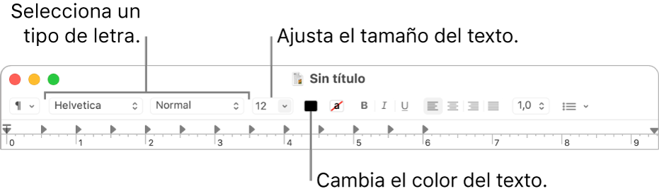 La barra de herramientas de TextEdit con botones para ajustar el tamaño del texto, el color y el tipo de letra.