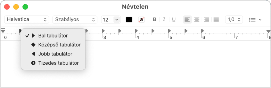 A vonalzó a tabulátorhelyekkel.