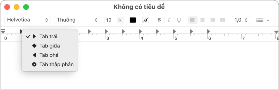 Thước đang hiển thị các tùy chọn điểm dừng tab.