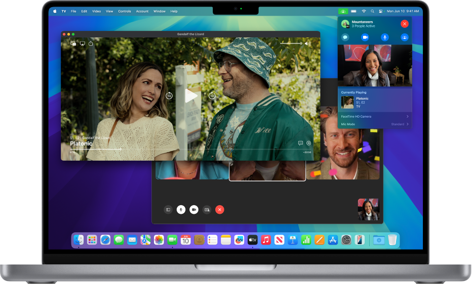 El SharePlay en un Mac amb l’app Apple TV i una trucada del FaceTime.