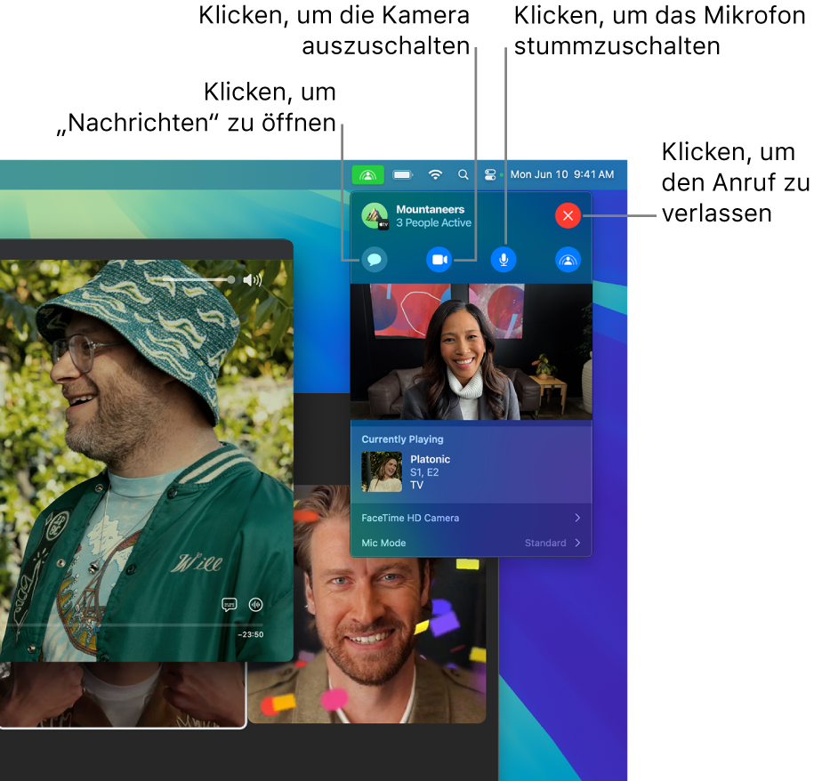 SharePlay-Steuerelemente, die in der Menüleiste angezeigt werden, einschließlich Tasten zum Öffnen der App „Nachrichten“, zum Stummschalten des Mikrofons, zum Deaktivieren der Kamera und zum Verlassen des Anrufs.