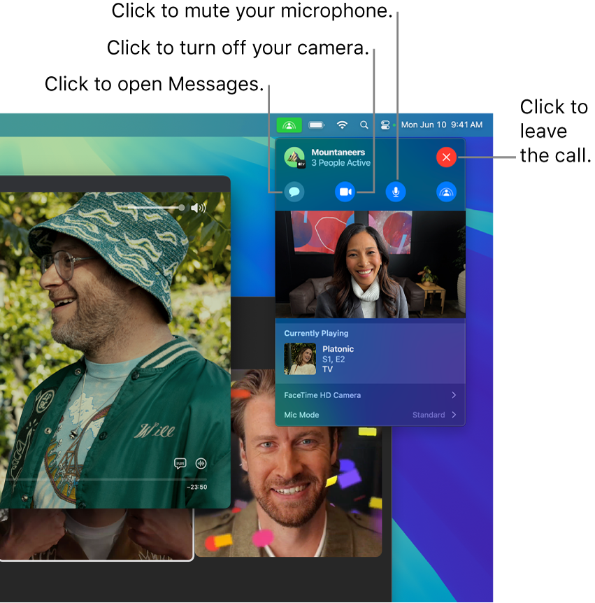 SharePlay controls shown in the Menu bar, including buttons to open the Messages app, mute your microphone, turn off your camera and leave the call.