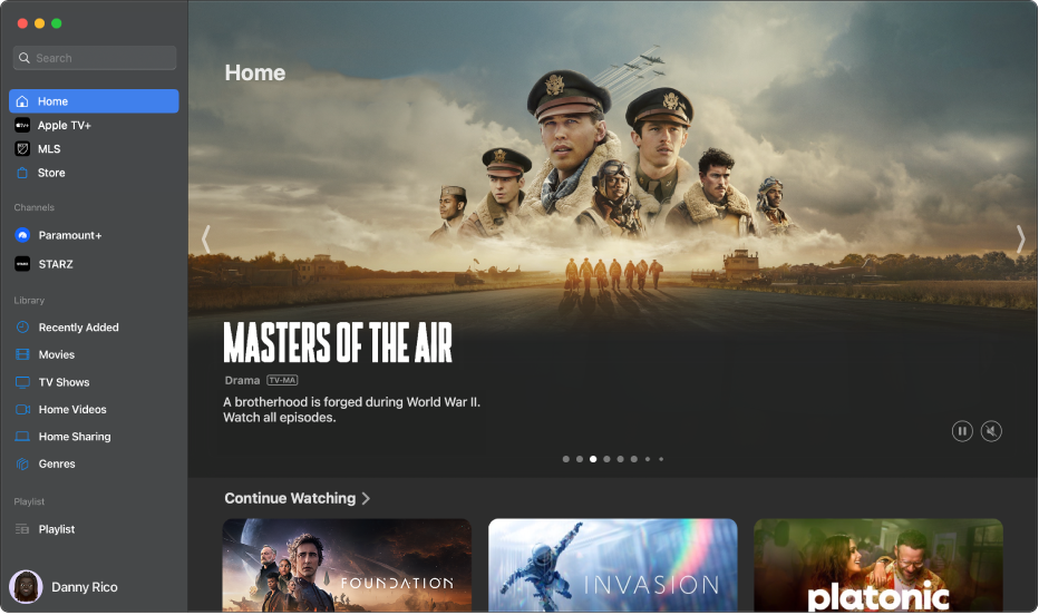 De Apple TV-app met 'Home' geopend.