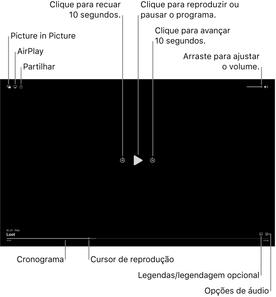 Controlos de reprodução no visualizador, incluindo os botões reproduzir, pausar, avançar ou retroceder, e ajustar o volume.