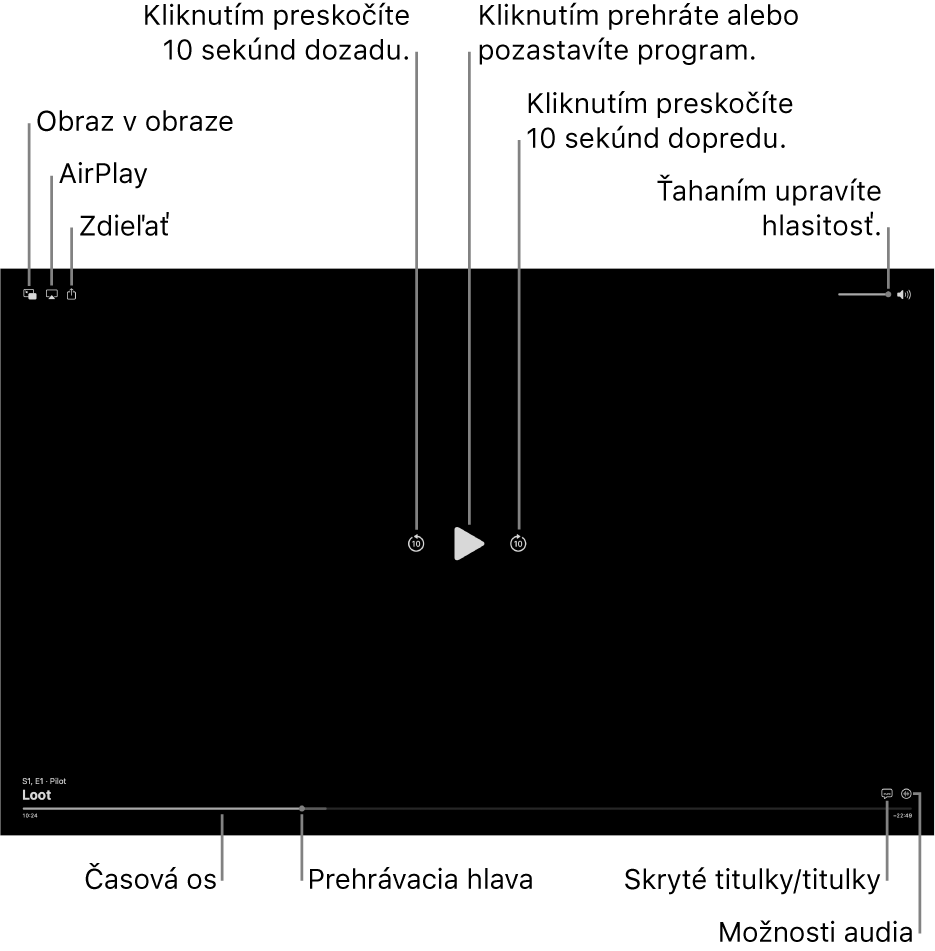 Ovládacie prvky prehrávania v prehliadači vrátane tlačidiel na prehrávanie alebo pozastavenie, preskočenie dopredu alebo dozadu a na úpravu hlasitosti.