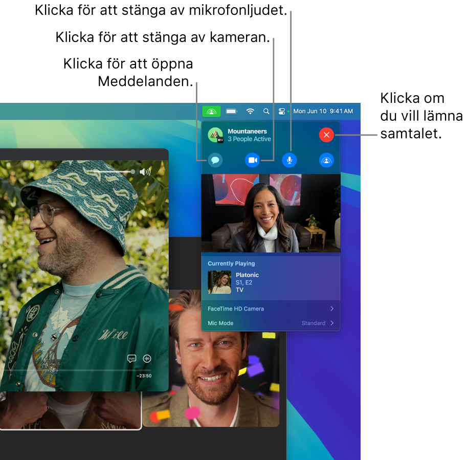 SharePlay-reglagen visas i menyraden och innehåller knappar för att öppna appen Meddelanden, stänga av mikrofonen, stänga av kameran och lämna samtalet.