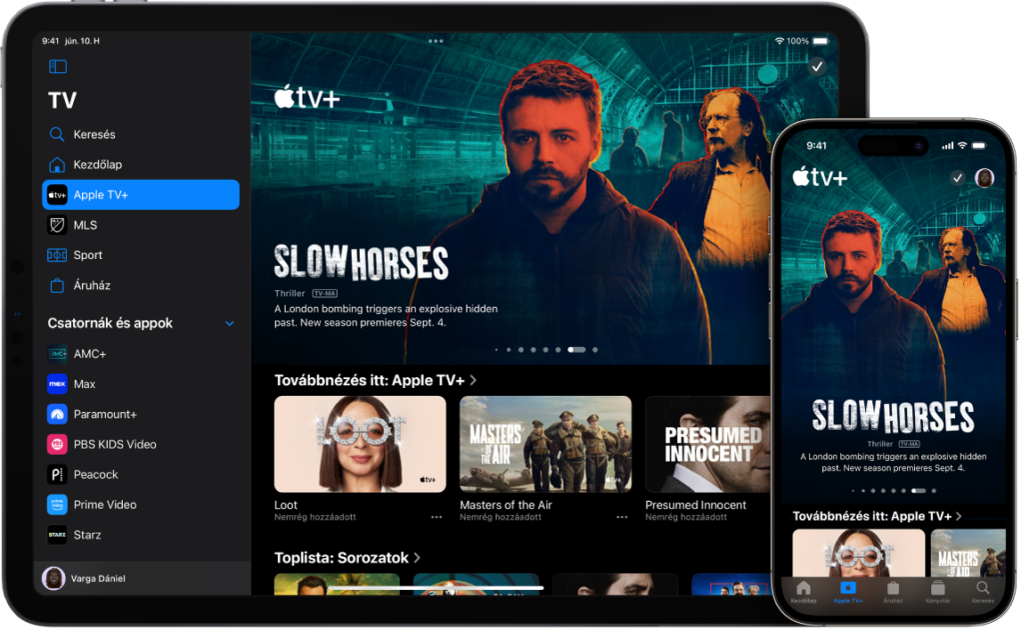 Az Apple TV app egy iPaden és egy iPhone-on